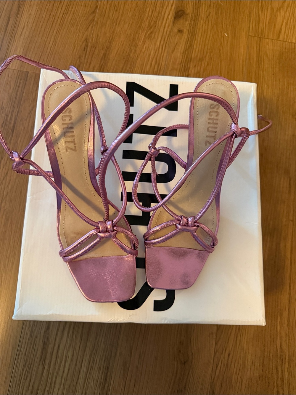 SCHUTZ Metallic Pink Satin Strappy Heels
